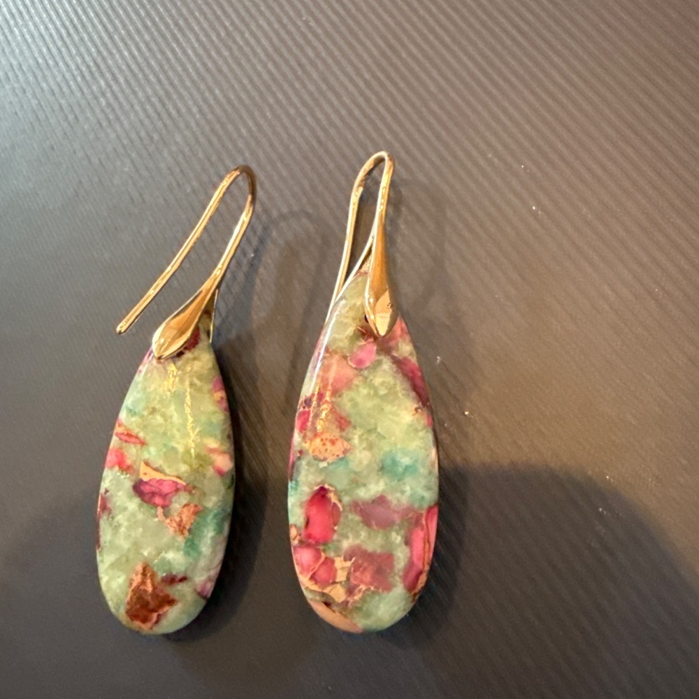 Dangle Earrings Marble-Effect Stone,Gold/Silver Hook - Picture 2 of 6